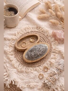 Vintage Carved Wood & Metal Trinket Box Oval Western Floral Design